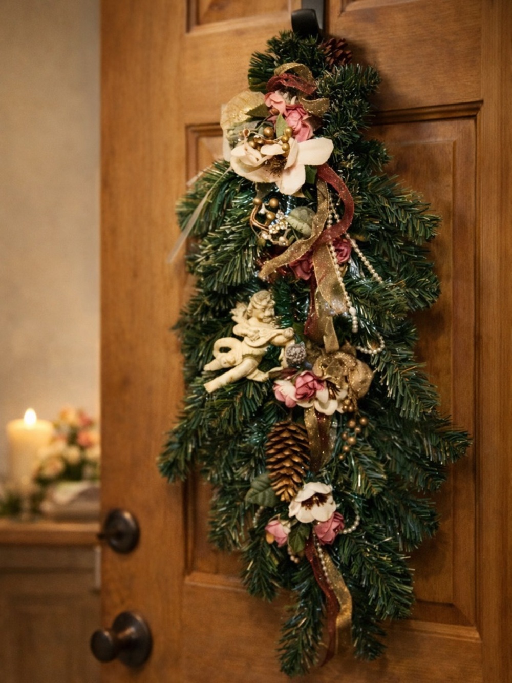 Victorian Floral Pine Swag Wall Decor Cherub Roses Shabby Chic Cottage 22”